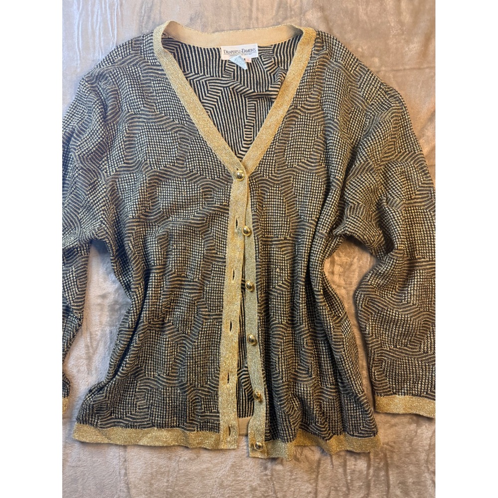 VTG Drapers & Damons Cardigan Gold Black Lurex Geometric Knit Button  L Art Deco